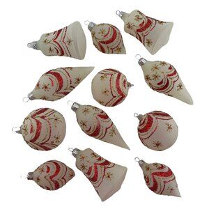12 Vtg Glass Christmas Ornaments Frosted Red Gold Glitter Swags Teardrops